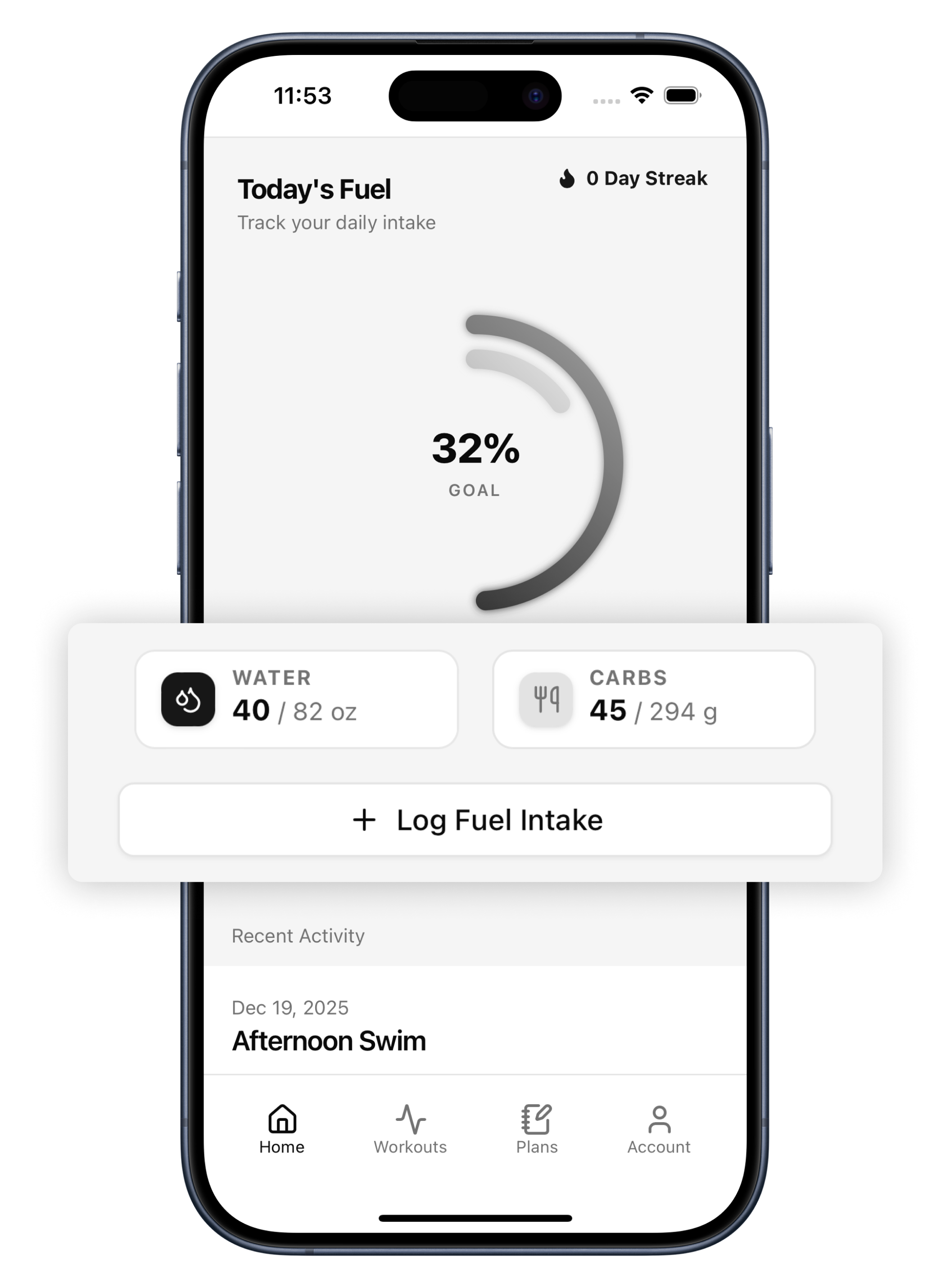 Exact Fuel App Dashboard showing daily progress