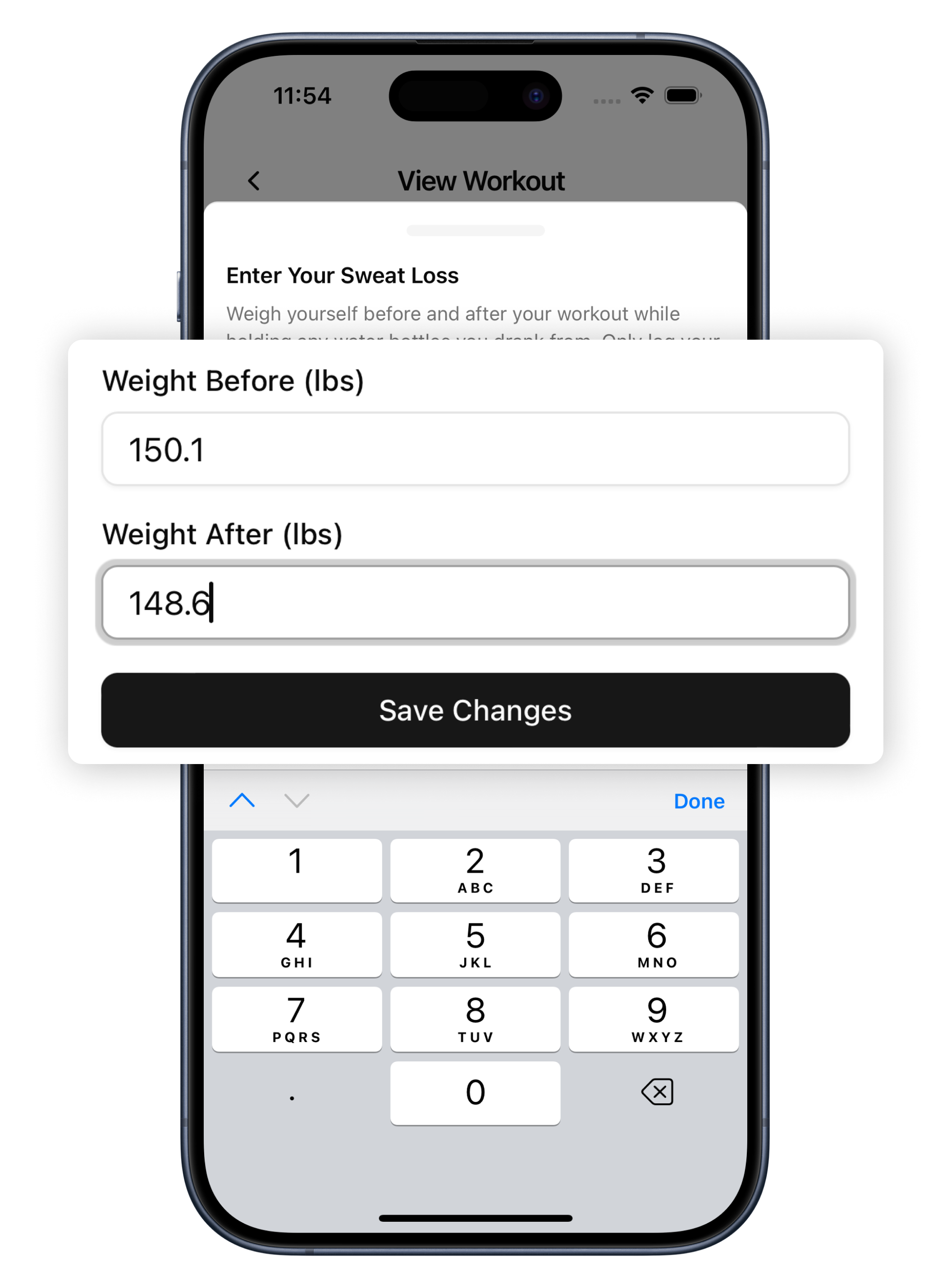 Sweat rate input and calibration screen